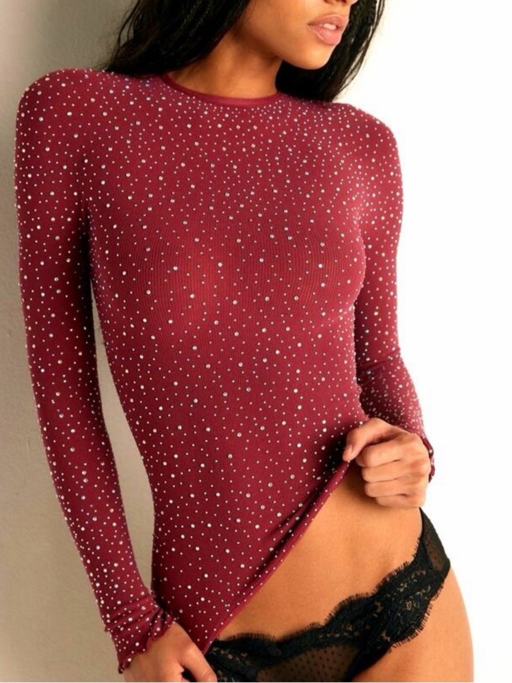 NWT Free People Night Sky Rhinestone Long Sleeve Top Aged Red XS/S $98
